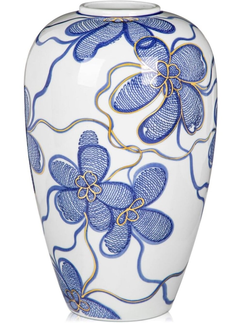 Hand-Painted Blue & White Ceramic Vase with Gold Accents – Chinoiserie Home